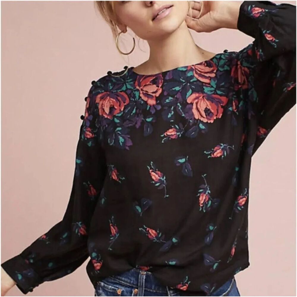 Maeve Anthropologie Gardenia Boat Neck Top Black Multi Color Floral Large